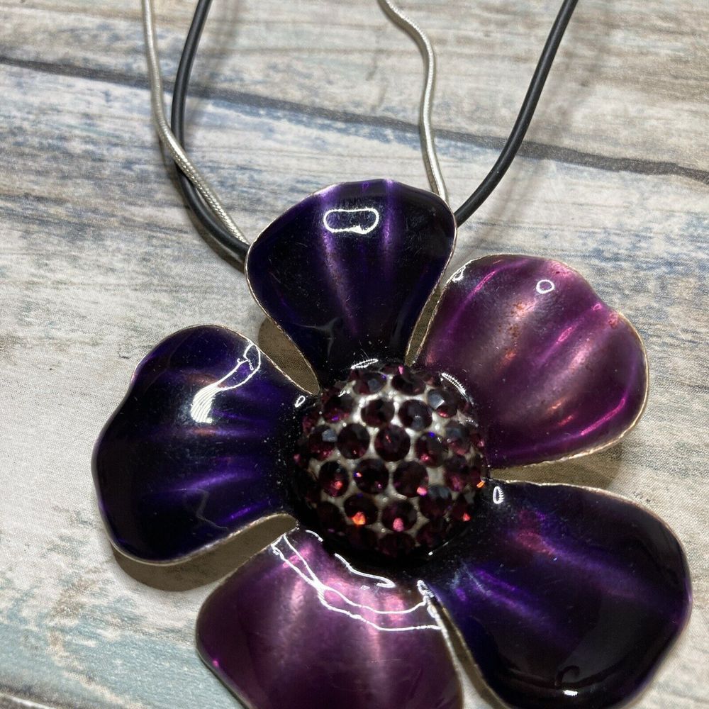 Purple Enamel Flower Black Silver Cord 18"‎ Necklace New Pendant Crystals